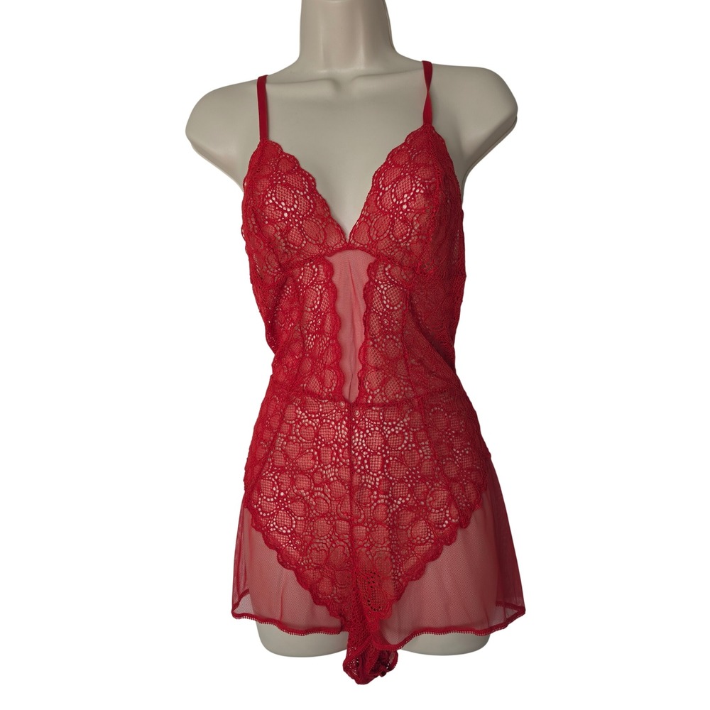DKNY Bodysuit Women L Red Lace Sheer Mesh V-Neck Adjustable Straps Lingerie
